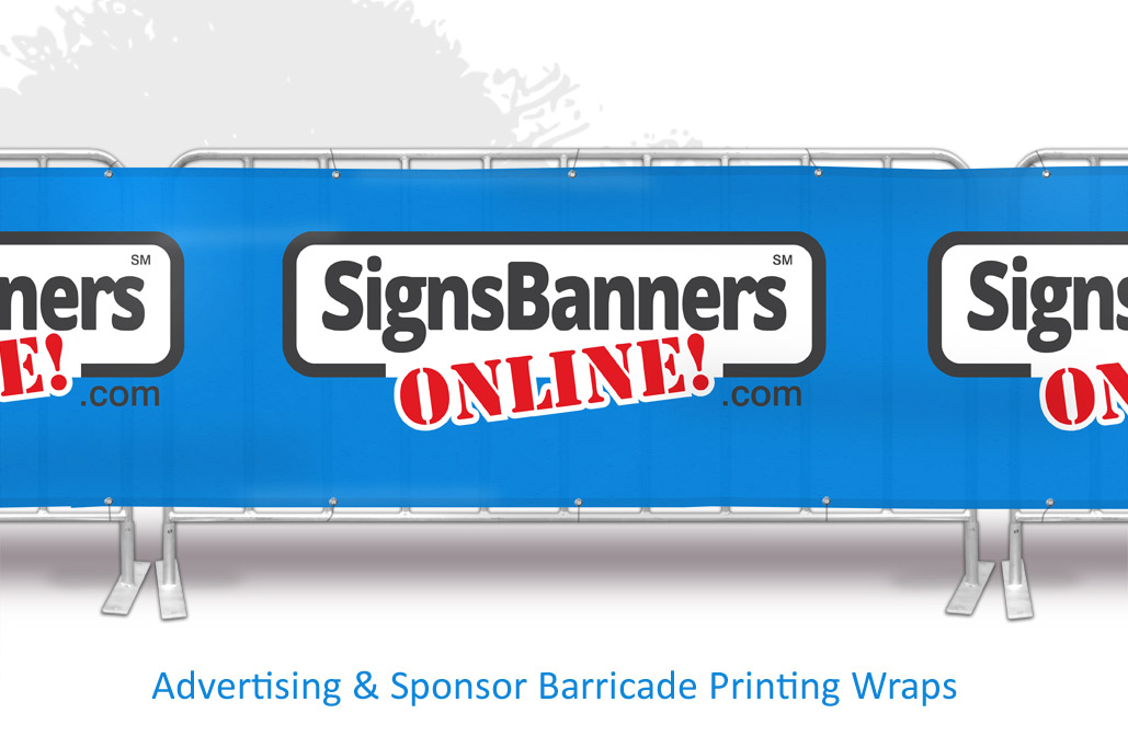 Advertising and sponsor barricade printing wraps like these big signs and event wraps that are continuous seamless wraps are becoming common on portable stand fences as used for event sign printing managers.