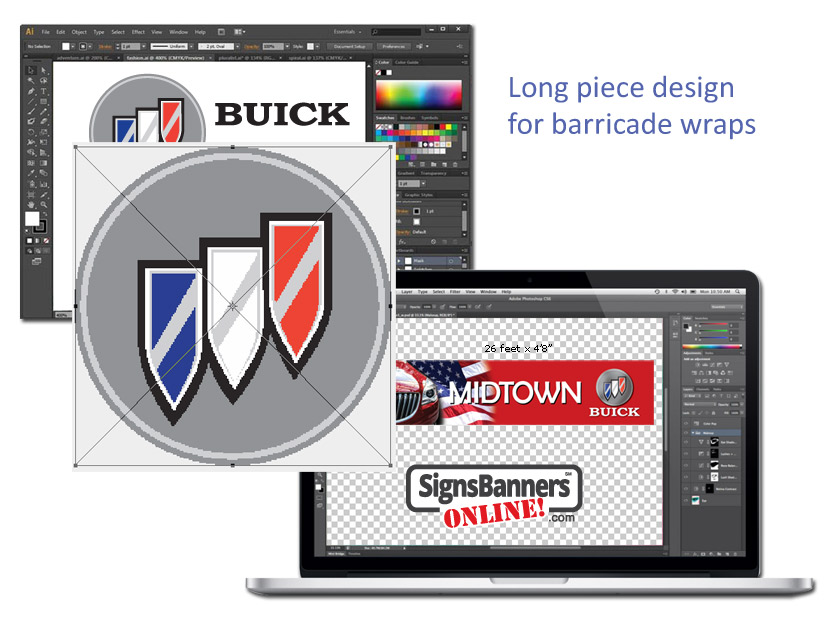 When considering designing barrier and barricade wraps use long pieces. Put high resolution logos and designs inside your banner sign printing files and templates.