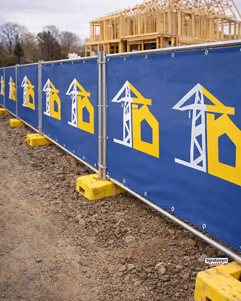 Temporary fencing panels on a ground construction site fitted with blue designed mesh banner screens printed with a repeating contractor building logo, with a house at timber framing stage showing in the distant background.