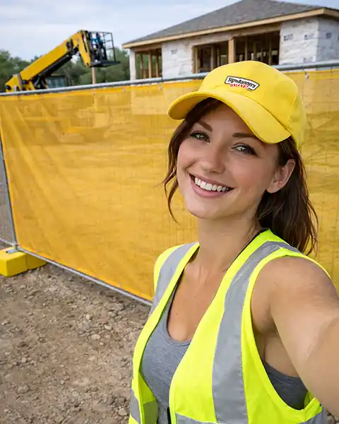 Temporary fencing panels successfully installed on a building construction site with a woman taking a selfie great smile.