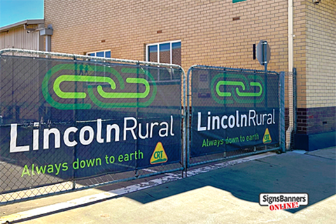 This vibrant design of a custom sized banner is made to suit the wire fence gate and shows left banner sign and right banner sign matched to the Port Lincoln business design.