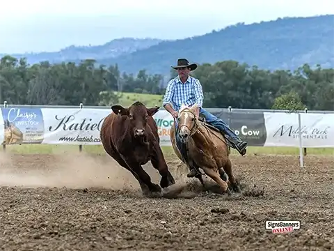 Horse and Cow Event. Rural Australia show sponsor banners in the background.