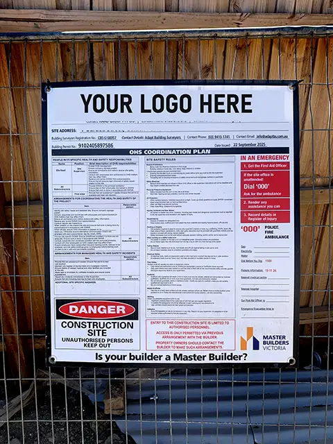 A detailed Site Board for a construction site in Victoria.