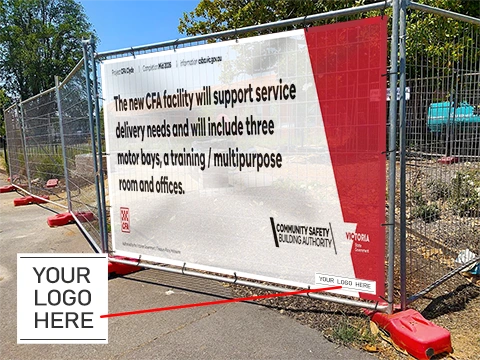 Artistic view of the printed banner sign with a trade customer 'your logo here' printed branding.