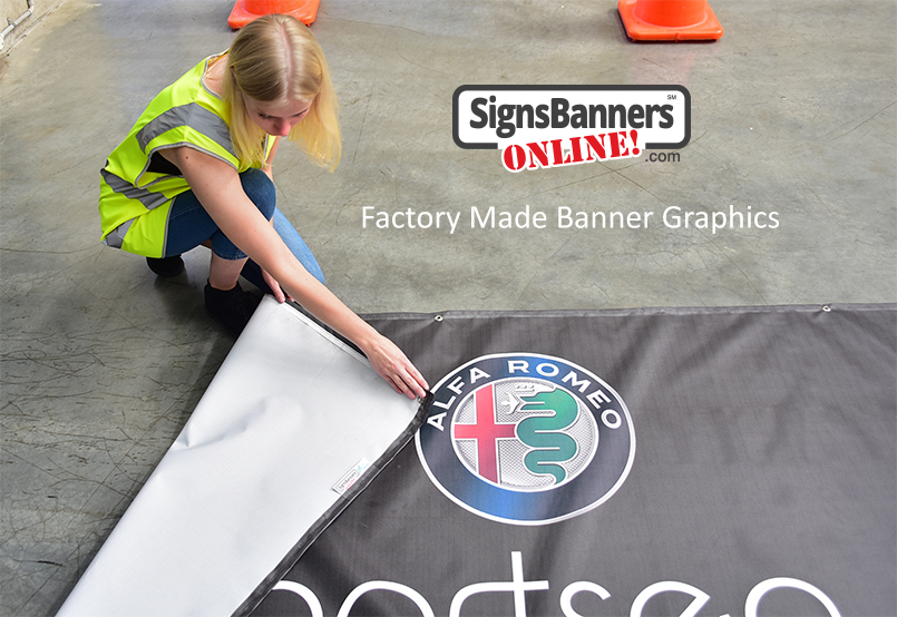 Example of Alfa Romeo banner sign graphic being made in the factory
